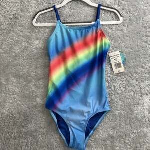 Breaking Waves Strappy Back One-Piece Swimsuit Girls Size 6 Blue Rainbow